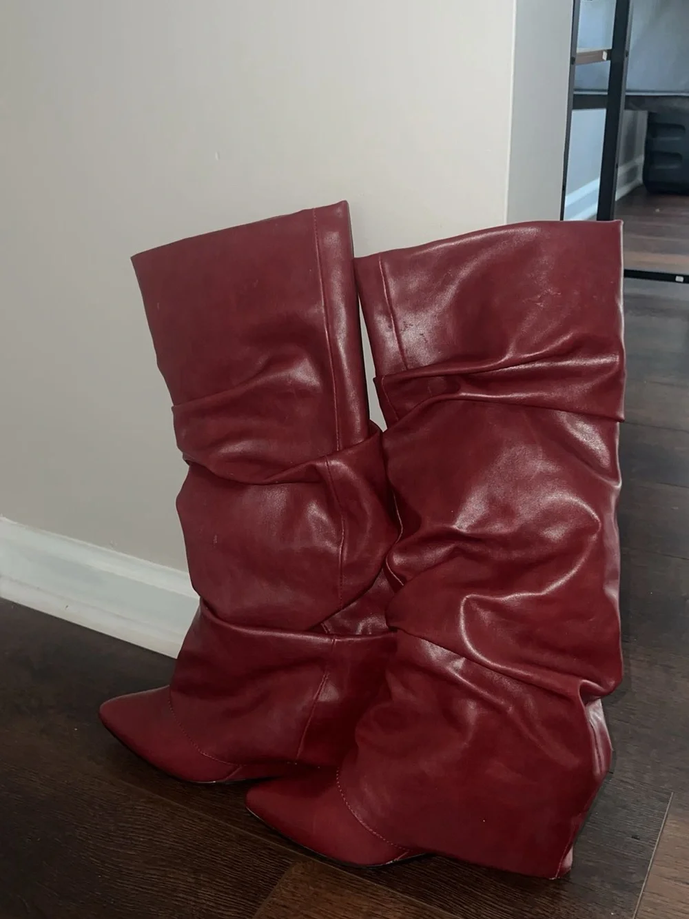 Red Over-the-Knee Slouch Wedge Boots for Women
